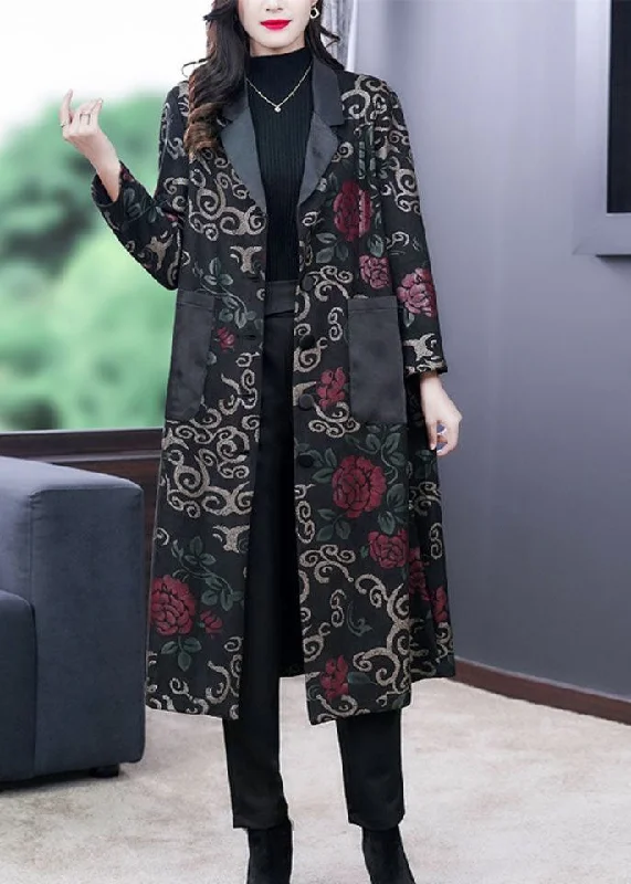 Checkered women's wool coats in a classic pattern for a timeless styleFrench Black Peter Pan Collar Patchwork Pockets Print Trench Coat Fall