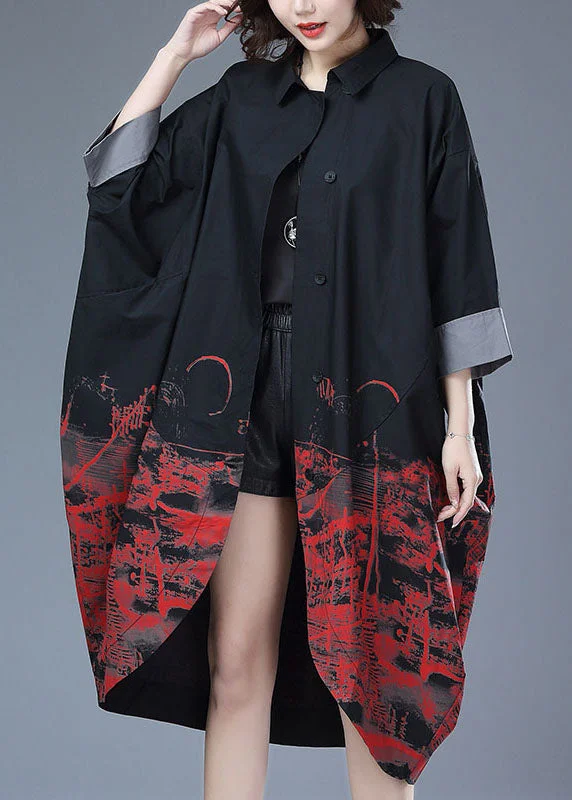 Women's longline double - breasted camel coats for a sophisticated lookFrench Black Peter Pan Collar Print Patchwork Cotton Long Trench Coat Fall