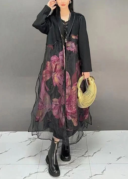 Belted women's cashmere coats in soft pastels for a luxurious feelFrench Black Print Tulle Patchwork Long Coats Fall