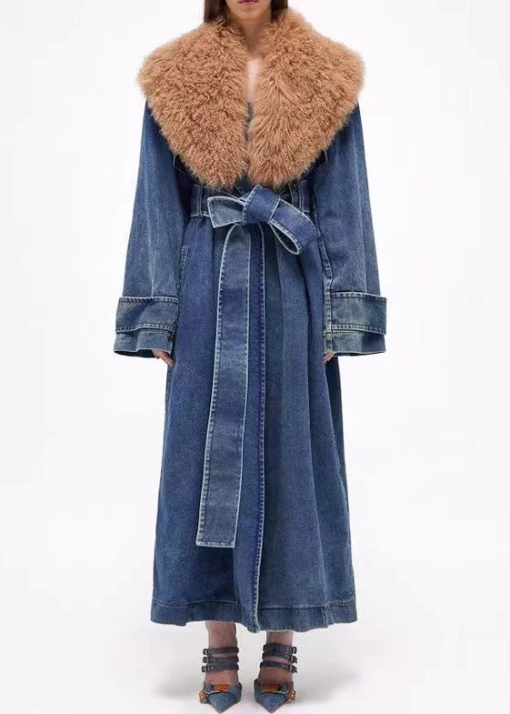 Petite women's wool blend coats with a tailored fit for a flattering silhouetteFrench Blue Fur Collar Tie Waist Denim Long Coats Winter