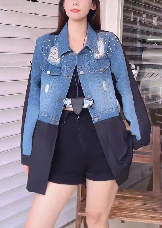 Quilted down women's coats with removable hoods for outdoor activitiesFrench Blue Hole Button Patchwork Denim Coats Fall