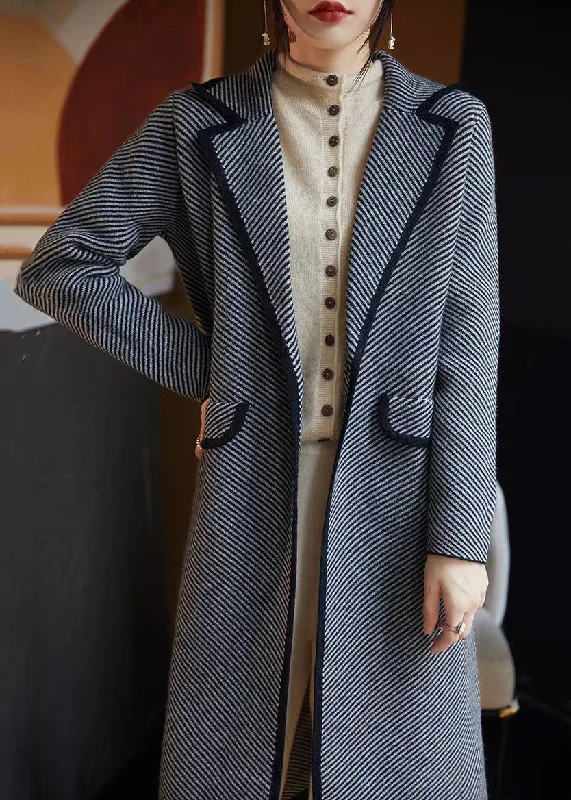 Women's knee - length wool blend coats with a fur collar for added warmthFrench Blue Striped Pockets Woolen Coats Fall