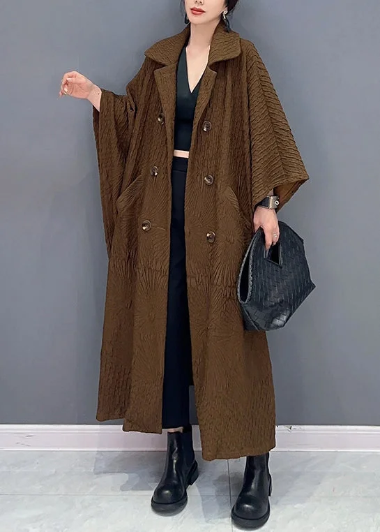 Shearling - lined women's leather coats for ultimate warmth and luxuryFrench Brown Double Breast Pockets Cotton Long Trench Coat Batwing Sleeve Shearling - lined women's leather coats for ultimate warmth and luxuryFrench Brown Double Breast Pockets Cotton Long Trench Coat Batwing Sleeve
