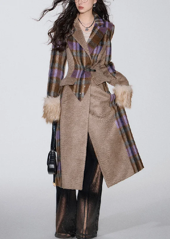 Women's waterproof parka coats with multiple pockets for practicalityFrench Brown Pockets Patchwork Woolen Long Coat Winter