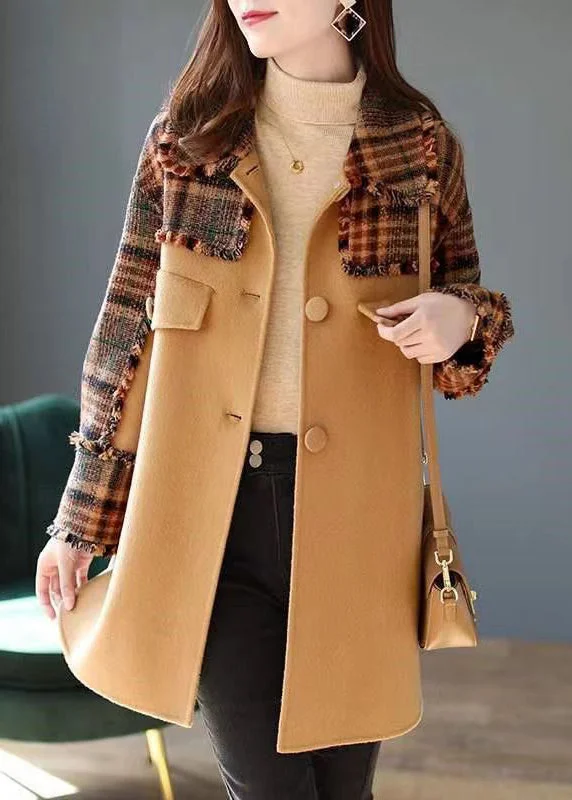 Women's knee - length wool blend coats with a fur collar for added warmthFrench Camel Plaid Button Patchwork Woolen Coat Winter Women's knee - length wool blend coats with a fur collar for added warmthFrench Camel Plaid Button Patchwork Woolen Coat Winter