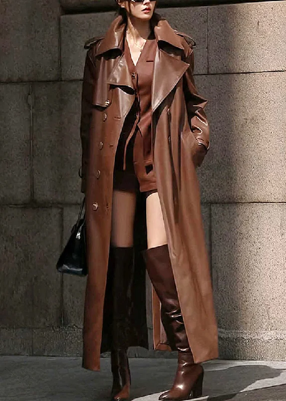 Hooded women's puffer coats in neon colors for high - visibility sportsFrench Coffee Notched Button Faux Leather Long Trench Coat Winter Hooded women's puffer coats in neon colors for high - visibility sportsFrench Coffee Notched Button Faux Leather Long Trench Coat Winter