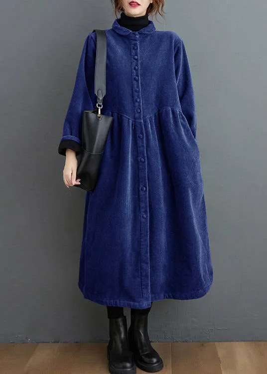 Women's knee - length wool blend coats with a fur collar for added warmthFrench dark blue corduroy coats Inspiration thick Cinched women coats ( Limited Stock)