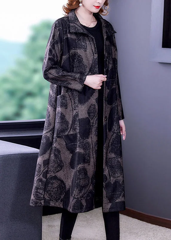 Plus size women's wool blend coats for a warm and stylish winterFrench Dark Gray Print Pockets Patchwork Cotton Long Trench Coat Fall