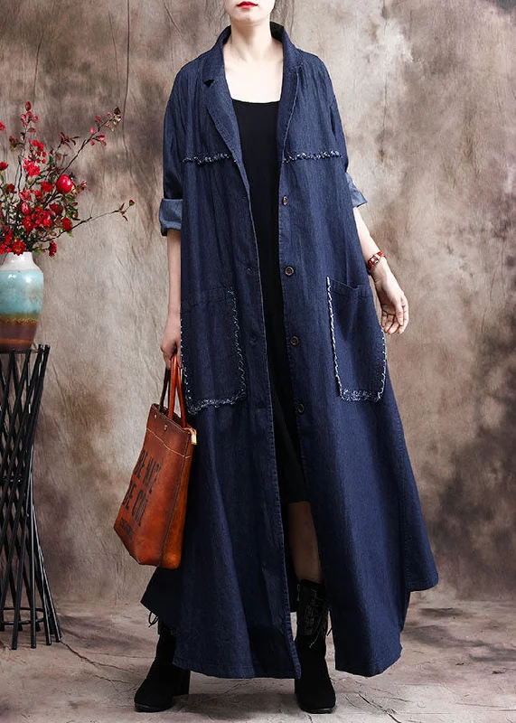 Quilted down women's coats with removable hoods for outdoor activitiesFrench Denim Blue Peter Pan Collar Patchwork Tassel Cotton Trench Coats Long Sleeve