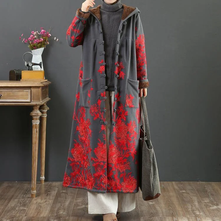 Women's waterproof parka coats with multiple pockets for practicalityFrench embroidery Fashion hooded trench coat gray thick cotton outwears
