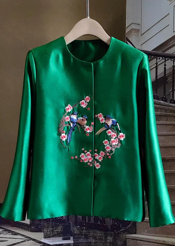 Embroidered women's cotton coats in a bohemian pattern for a unique designFrench Green Embroidered Bird Patchwork Silk Coat Spring Embroidered women's cotton coats in a bohemian pattern for a unique designFrench Green Embroidered Bird Patchwork Silk Coat Spring