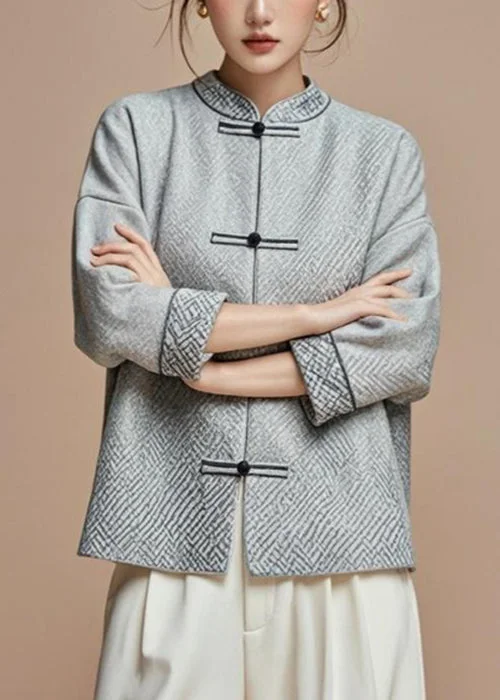 Plus size women's wool blend coats for a warm and stylish winterFrench Grey Stand Collar Button Cotton Fall Coat