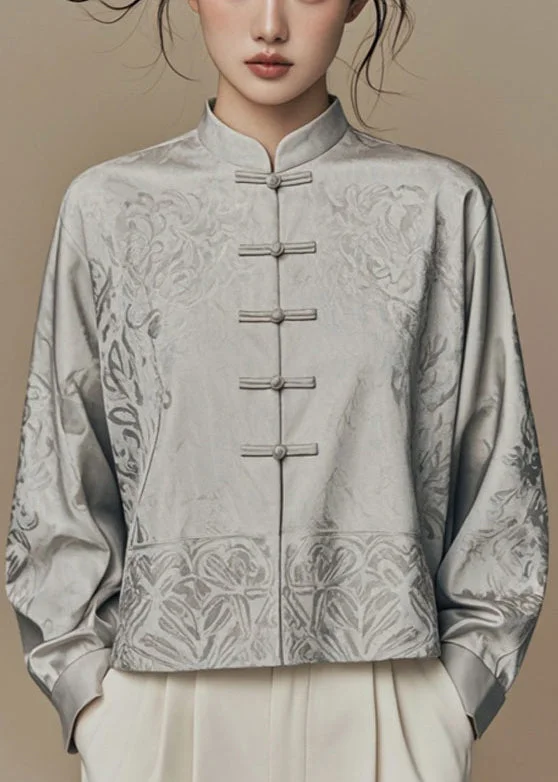 Water - resistant women's trench coats with adjustable cuffs for rainy daysFrench Grey Stand Collar Button Silk Coats Fall