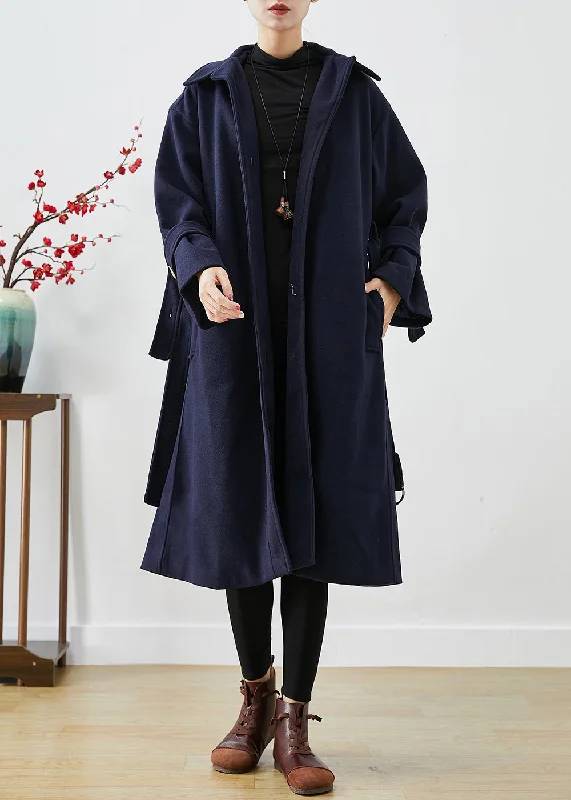 Women's knee - length wool blend coats with a fur collar for added warmthFrench Navy Slim Fit Thick Woolen Trench Coats Winter