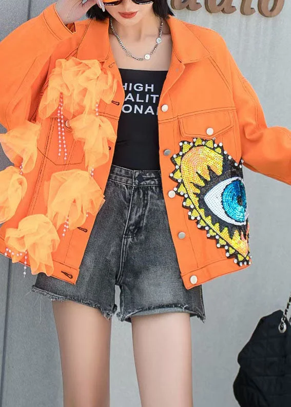 Women's knee - length wool blend coats with a fur collar for added warmthFrench Orange Tulle Pockets Sequins Nail Bead Patchwork Denim Coat Spring Women's knee - length wool blend coats with a fur collar for added warmthFrench Orange Tulle Pockets Sequins Nail Bead Patchwork Denim Coat Spring