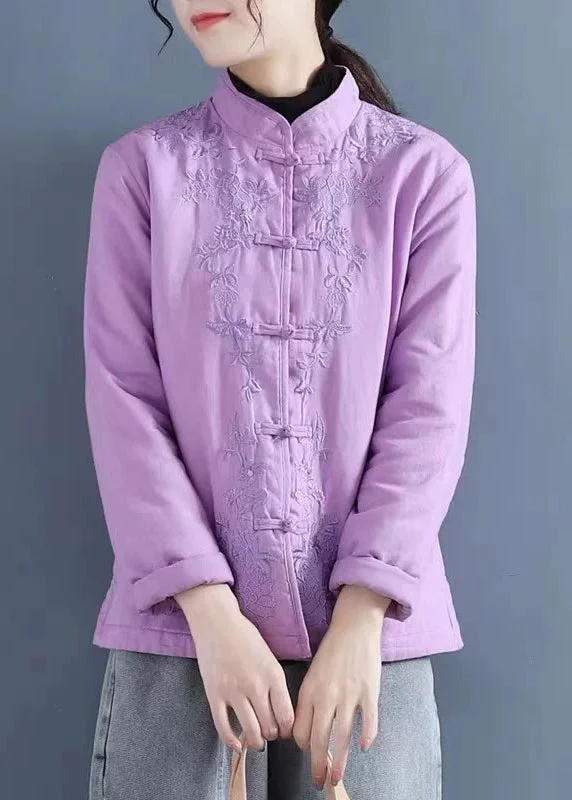 Embroidered women's cotton coats in a bohemian pattern for a unique designFrench Purple Embroidered Button Cotton Filled Coat Winter