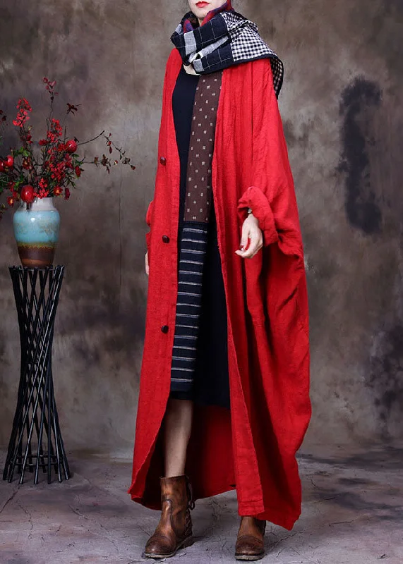 Hooded women's puffer coats in neon colors for high - visibility sportsFrench Red V Neck Oversized Linen Trench Coat Long Sleeve