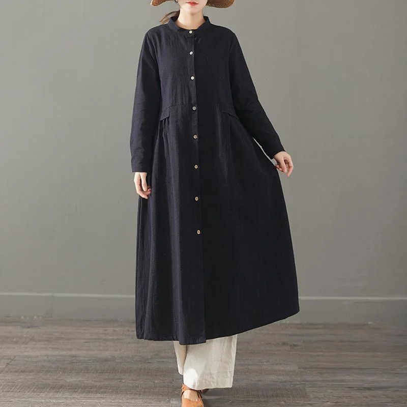 Long women's mac coats in a lightweight fabric for spring showersFrench stand collar cotton outwear Sewing black long coats autumn Long women's mac coats in a lightweight fabric for spring showersFrench stand collar cotton outwear Sewing black long coats autumn