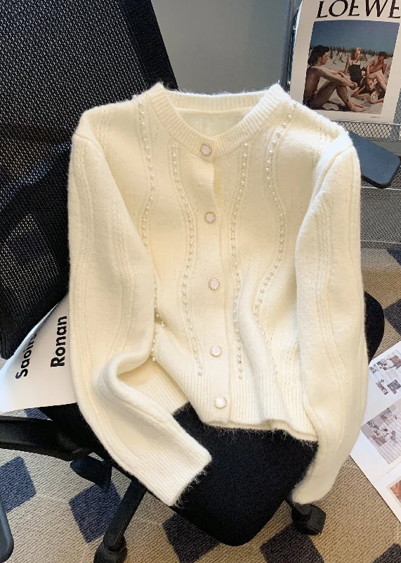 Women's cropped leather coats with silver studs for an edgy lookFrench White O Neck Nail Bead Woolen Sweaters Coat Fall