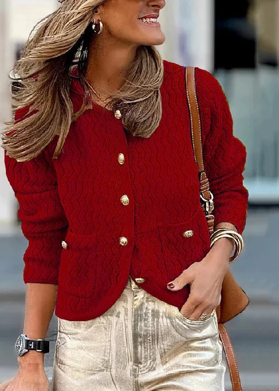 Oversized women's wool coats in a monochromatic look for a trendy outfitFrench Wine Red V Neck Jacquard Pockets Knit Loose Coat Fall