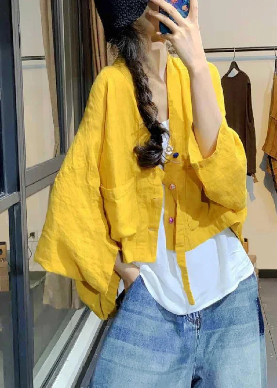 Long women's mac coats in a lightweight fabric for spring showersFrench Yellow Button Pockets Linen Coats Batwing Sleeve