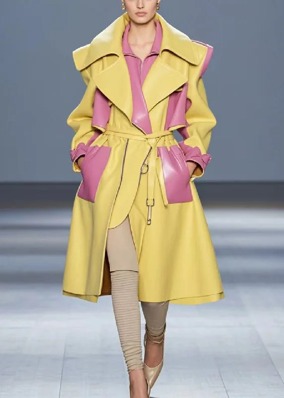 Belted women's cashmere coats in soft pastels for a luxurious feelFrench Yellow Peter Pan Collar Patchwork PU Woolen Coat Fall