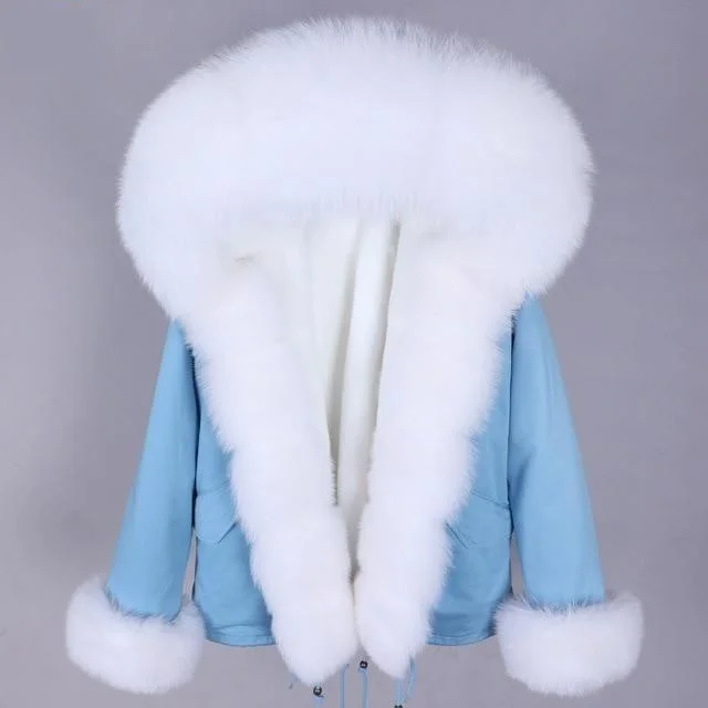 Women's long - sleeve wool coats in a houndstooth pattern for a classic charmFull Sleeve Natural Raccoon Fox Fur Coat Thick Warm Winter Parka with Hood
