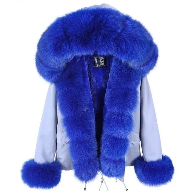 Women's faux fur coats in bright colors for a bold fashion statementFull Sleeve Real Fox Raccoon Fur Thick Warm Winter Hood Jacket for Women