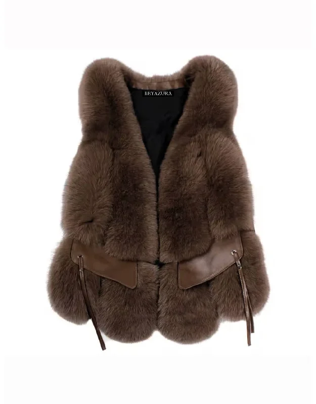 Women's long - sleeve wool coats in a houndstooth pattern for a classic charmGenuine Fox Fur Sleeveless Waistcoat