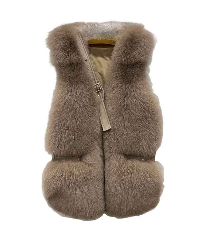 Women's longline double - breasted camel coats for a sophisticated lookGenuine Striped Paneled Fox Fur Vest Gilet In Brown Women's longline double - breasted camel coats for a sophisticated lookGenuine Striped Paneled Fox Fur Vest Gilet In Brown
