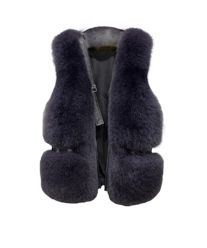 Women's knee - length wool blend coats with a fur collar for added warmthGenuine Striped Paneled Fox Fur Vest Gilet In Dark Gray Women's knee - length wool blend coats with a fur collar for added warmthGenuine Striped Paneled Fox Fur Vest Gilet In Dark Gray