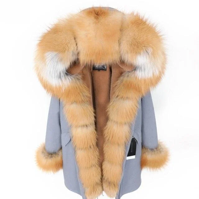 Women's reversible down coats with two - tone designs for versatile stylingGray Color Women's Fox Fur Leather Hooded Long Detachable Coats & Jackets
