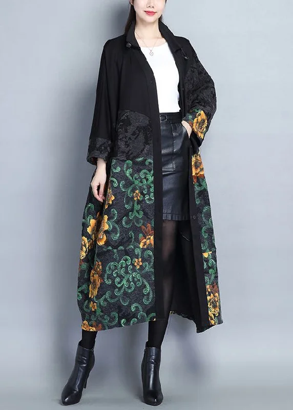 Women's knee - length wool blend coats with a fur collar for added warmthGreen Print Pockets Patchwork Cotton Long Trench Coats Button Long Sleeve