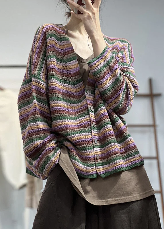Mid - length women's down coats in a slim fit for a modern and sleek appearanceGreen Striped Cotton Knit Coat V Neck Long Sleeve
