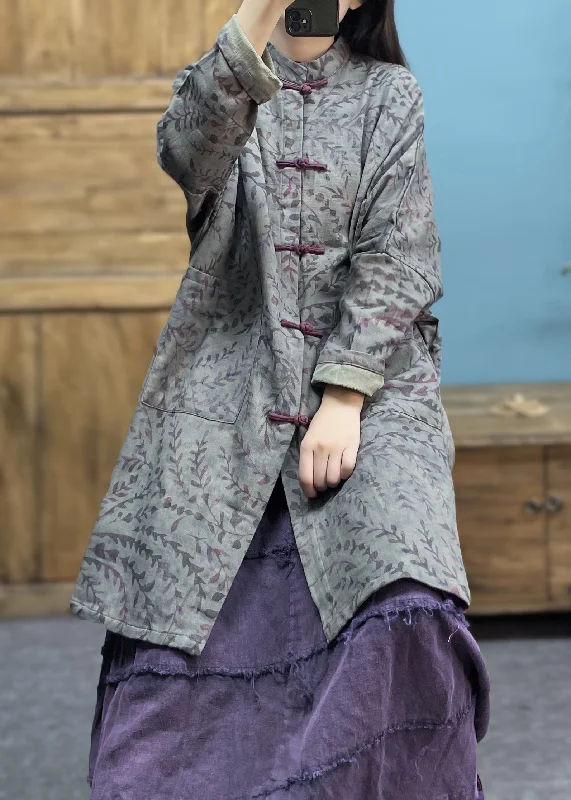 Plus size women's wool blend coats for a warm and stylish winterGrey Print Patchwork Linen Coat Stand Collar Spring