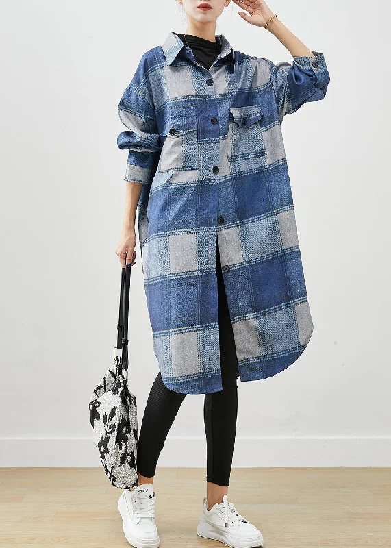 Women's long - sleeve wool coats in a houndstooth pattern for a classic charmHandmade Blue Plaid Woolen Shirt Trench Coats Fall Women's long - sleeve wool coats in a houndstooth pattern for a classic charmHandmade Blue Plaid Woolen Shirt Trench Coats Fall