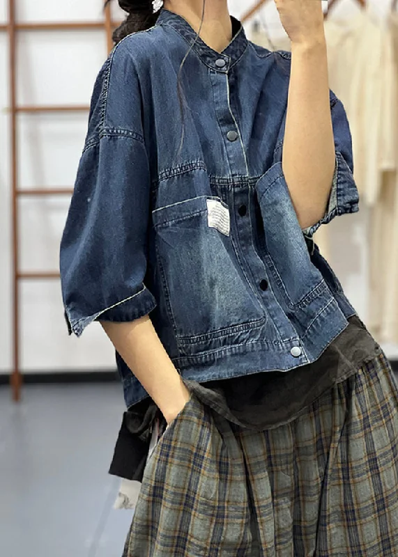 Petite women's wool blend coats with a tailored fit for a flattering silhouetteHandmade Blue Stand Collar Button Denim Coat Half Sleeve Petite women's wool blend coats with a tailored fit for a flattering silhouetteHandmade Blue Stand Collar Button Denim Coat Half Sleeve