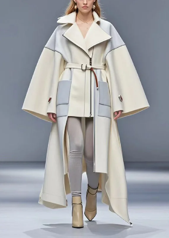 Women's cropped leather coats with silver studs for an edgy lookHandmade White Asymmetrical Tie Dye Woolen Coat Fall