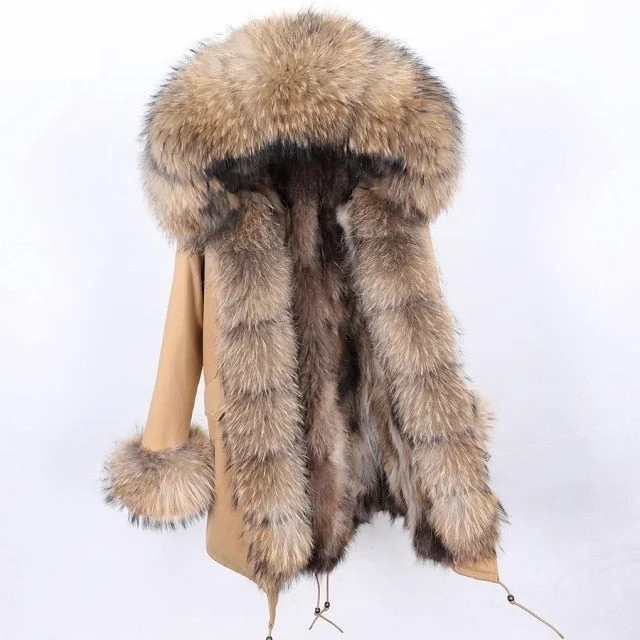 Long women's mac coats in a lightweight fabric for spring showersHigh Street Warm Hooded Women's Winter Jacket with Natural Raccoon Fur Collar Long women's mac coats in a lightweight fabric for spring showersHigh Street Warm Hooded Women's Winter Jacket with Natural Raccoon Fur Collar