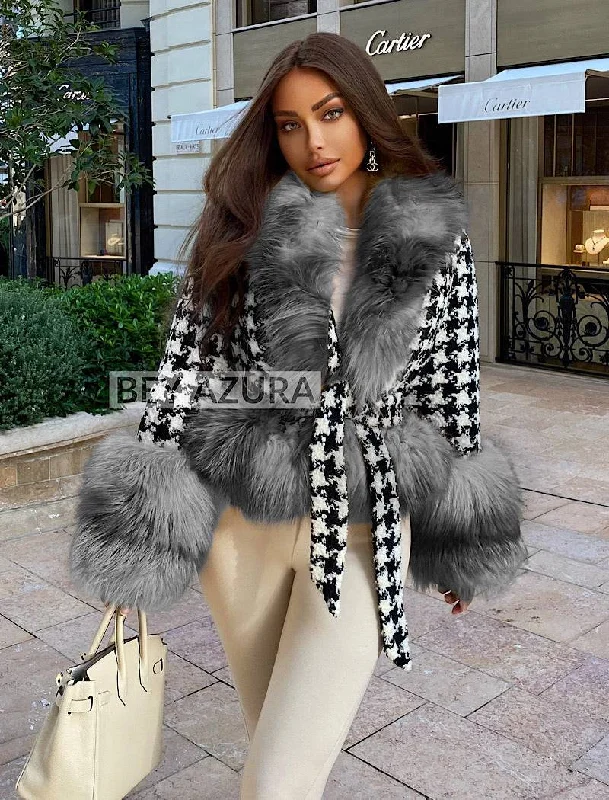 Women's longline double - breasted camel coats for a sophisticated lookHoundstooth Fox Fur Trim Belted Wool Jacket Women's longline double - breasted camel coats for a sophisticated lookHoundstooth Fox Fur Trim Belted Wool Jacket