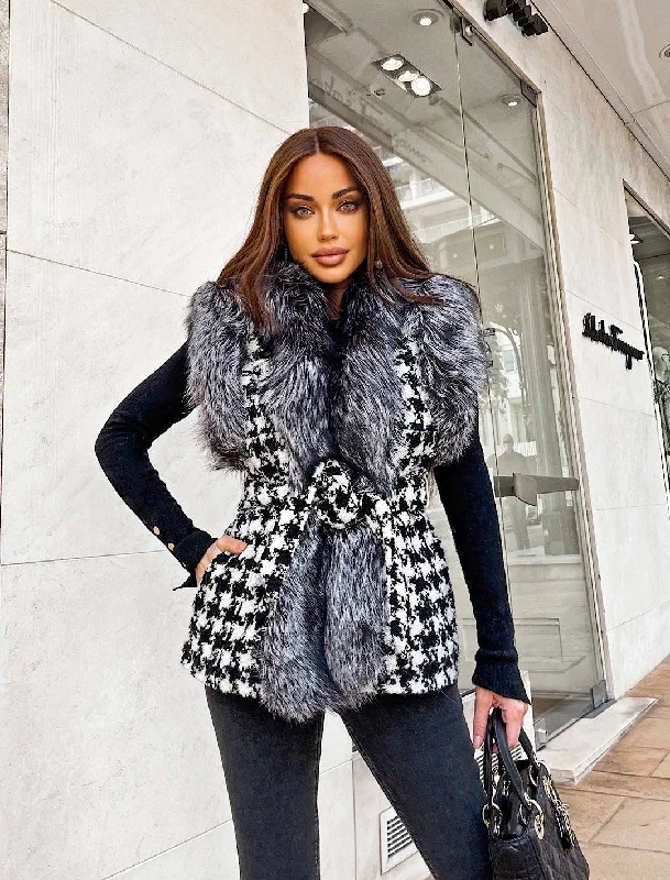 Women's longline double - breasted camel coats for a sophisticated lookHoundstooth Fox Fur Trim Belted Wool Vest Women's longline double - breasted camel coats for a sophisticated lookHoundstooth Fox Fur Trim Belted Wool Vest