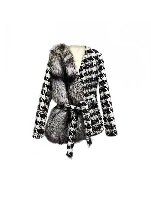 Women's cropped leather coats with silver studs for an edgy lookHoundstooth One Sided Fox Fur Trim Belted Wool Jacket Women's cropped leather coats with silver studs for an edgy lookHoundstooth One Sided Fox Fur Trim Belted Wool Jacket