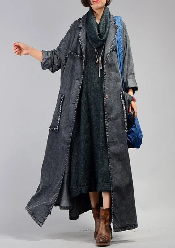 Mid - length women's down coats in a slim fit for a modern and sleek appearanceIrregular Denim Long Trench Coat Long Sleeve