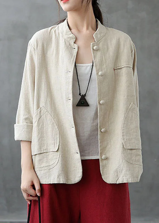 Water - resistant women's trench coats with adjustable cuffs for rainy daysItalian Beige Stand Collar Pockets Patchwork Linen Coats Spring Water - resistant women's trench coats with adjustable cuffs for rainy daysItalian Beige Stand Collar Pockets Patchwork Linen Coats Spring