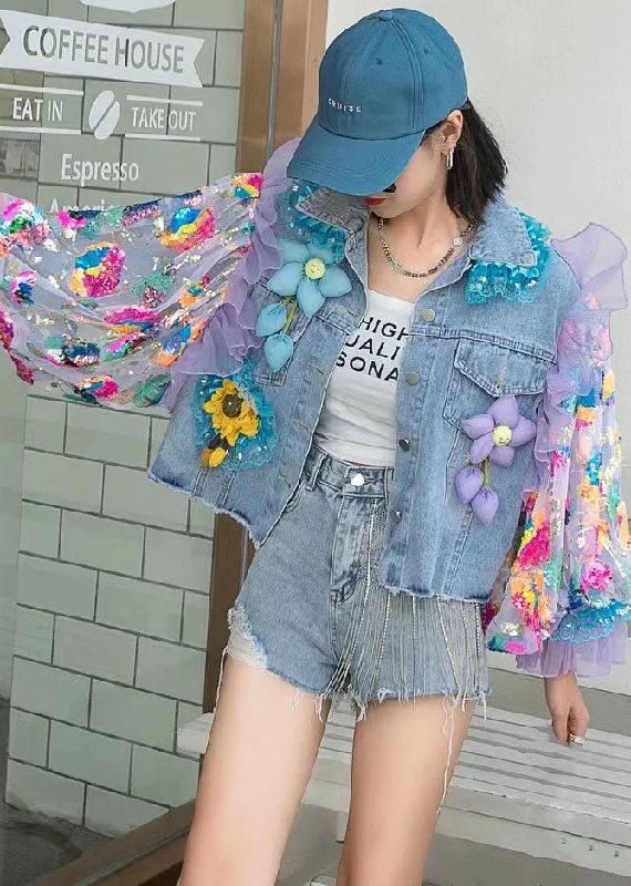 Plus size women's wool blend coats for a warm and stylish winterItalian Blue Tulle Ruffled Sequins Floral Decorated Patchwork Denim Coat Spring Plus size women's wool blend coats for a warm and stylish winterItalian Blue Tulle Ruffled Sequins Floral Decorated Patchwork Denim Coat Spring