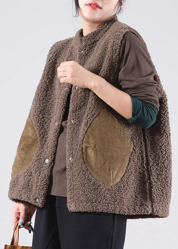 Women's reversible down coats with two - tone designs for versatile stylingItalian Coffee Pockets Patchwork Faux Fur Sleeveless waistcoat Women's reversible down coats with two - tone designs for versatile stylingItalian Coffee Pockets Patchwork Faux Fur Sleeveless waistcoat