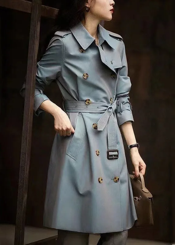Water - resistant women's trench coats with adjustable cuffs for rainy daysItalian Grey Blue Button Tie Waist Pockets Cotton Trench Coat Fall Water - resistant women's trench coats with adjustable cuffs for rainy daysItalian Grey Blue Button Tie Waist Pockets Cotton Trench Coat Fall