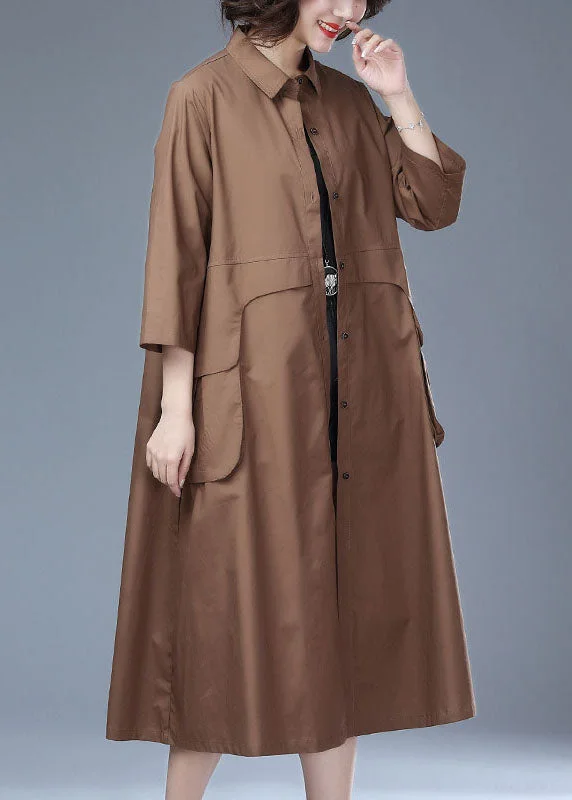 Water - resistant women's trench coats with adjustable cuffs for rainy daysItalian Khaki Peter Pan Collar Button Patchwork Cotton Long Trench Coat Bracelet Sleeve