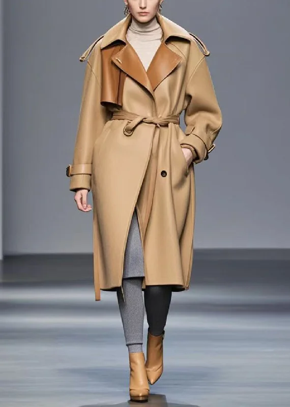 Women's faux fur coats in bright colors for a bold fashion statementItalian Khaki Tie Waist Patchwork Faux Leather Coats Fall