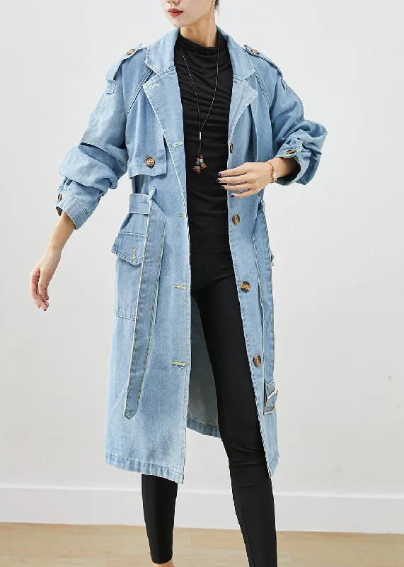 Women's long - sleeve wool coats in a houndstooth pattern for a classic charmItalian Light Blue Notched Tie Waist Denim Trench Coat Fall Women's long - sleeve wool coats in a houndstooth pattern for a classic charmItalian Light Blue Notched Tie Waist Denim Trench Coat Fall